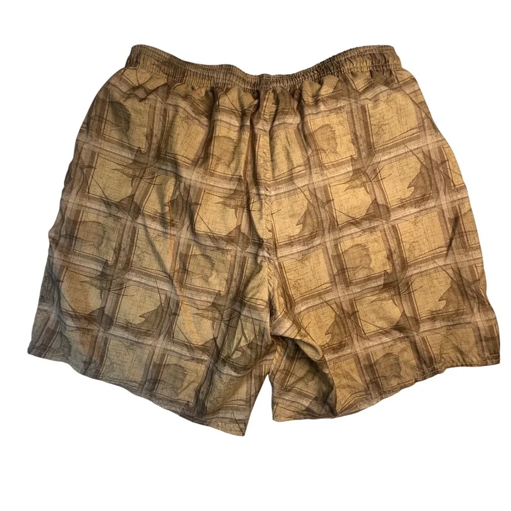 Guy Harvey Men's Medium Swim Trunks Swordfish Tan Print Mesh Lined Board Shorts‎